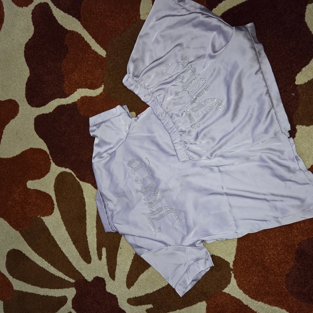 Lavender Satin Pajama Set with Rhinestone Detail